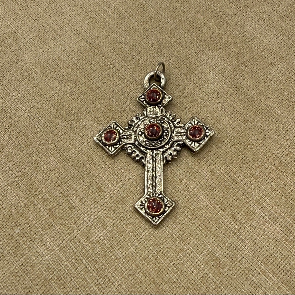 Silver tone Cross Pendant with Red Accents